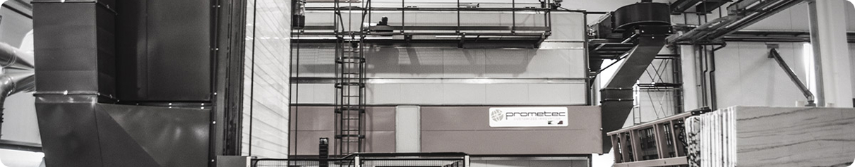 Promotec Italian slab treatment ovens with a capacity of 45 tables, producing up to 12,000 square meters monthly.